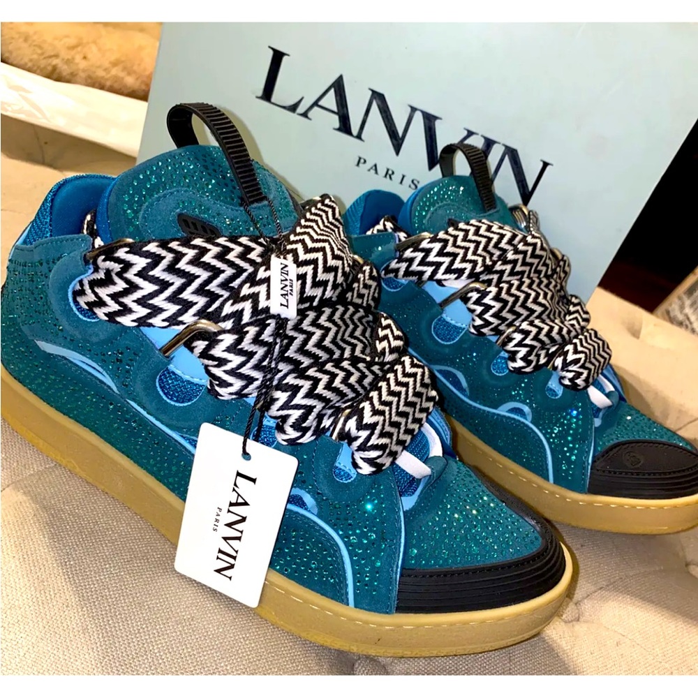 LANVIN Teal Crystal Curb Sneakers Sz 43/US Man 10/Woman 11.5 FM-SKRK11-DRAG-A21